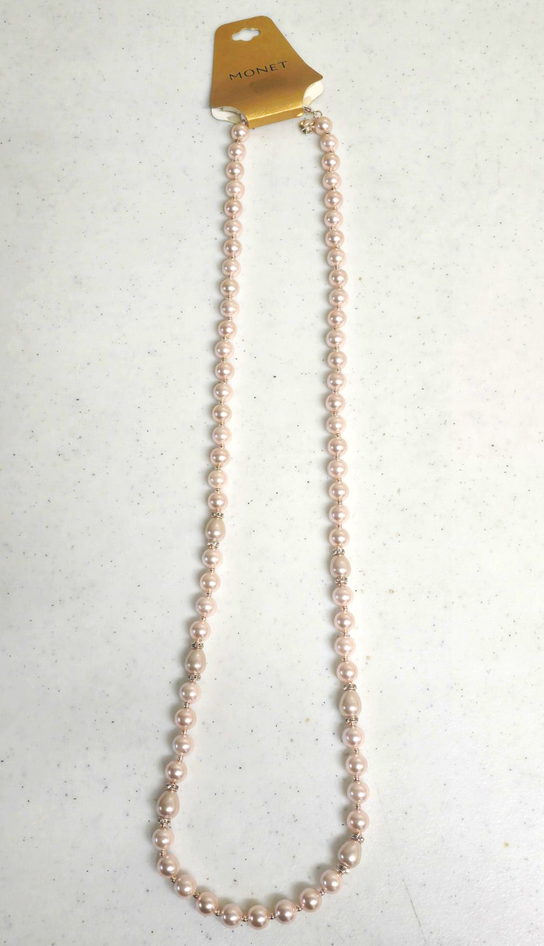 Monet Signed Simulated Pink Pearl Beaded Necklace Silver Tone 18in Lobster